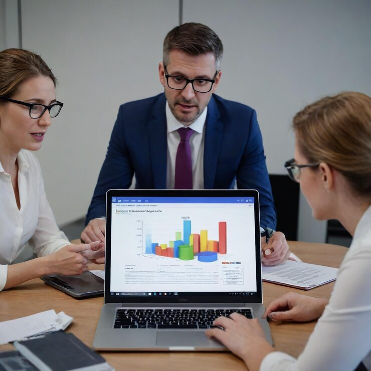 Team reviewing growth graphs on a laptop
