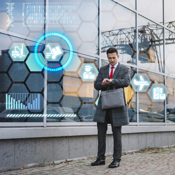 Businessman in front of a building with digital hologram